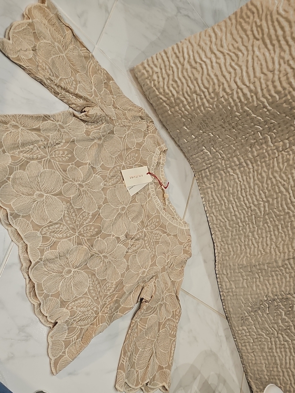 Solitaire Beige Floral Lace Scoop Neck Sweater